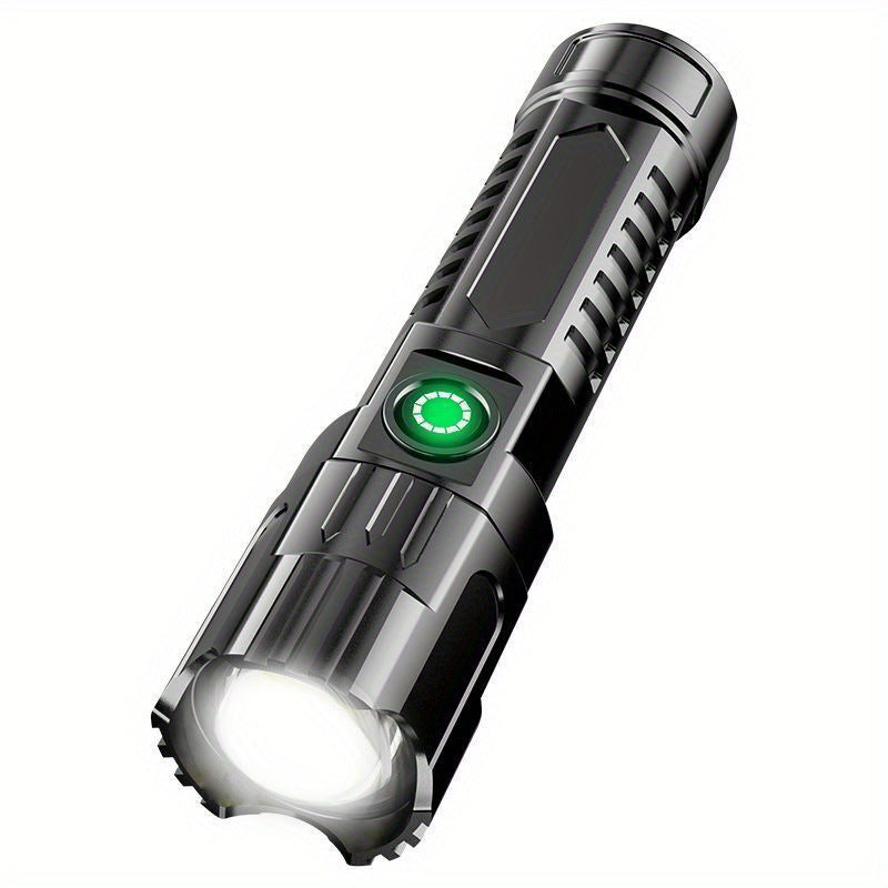 Una linterna super brillante, recargable por USB, con enfoque retráctil, haz ancho, linterna de iluminación de emergencia portátil, adecuada para exteriores, exploración y iluminación de trabajo.