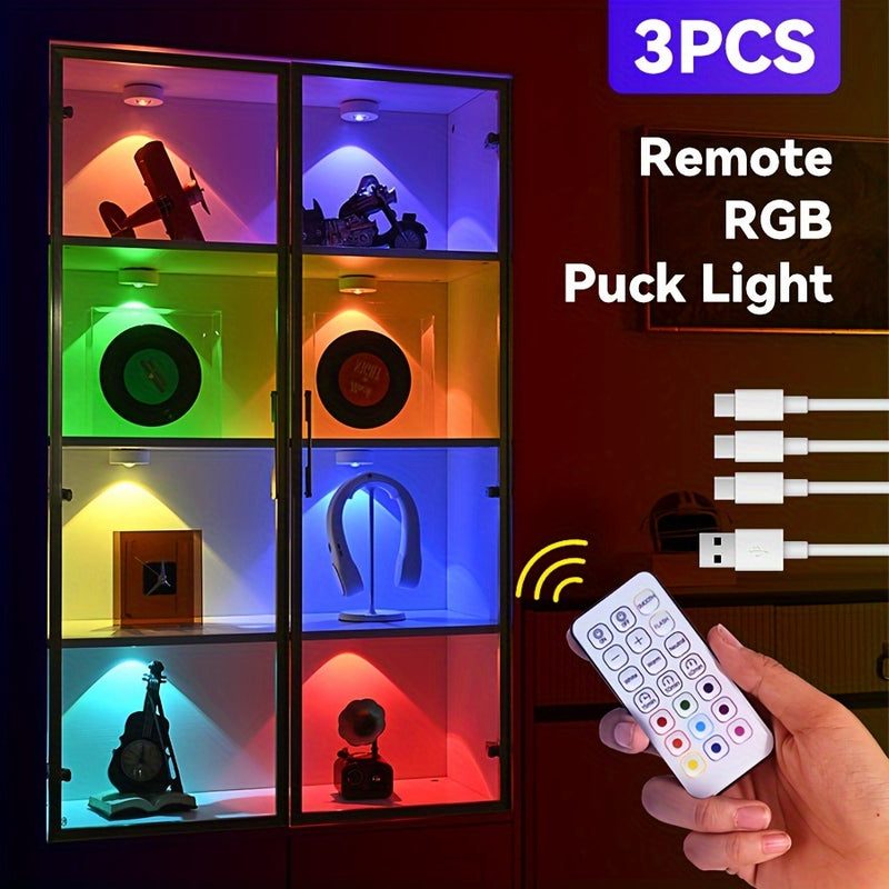 Luces redondas pequeñas de un paquete o tres, luces nocturnas cambiantes de color con control remoto, luces de gabinete recargables, pequeñas lámparas cambiantes de color dinámico.