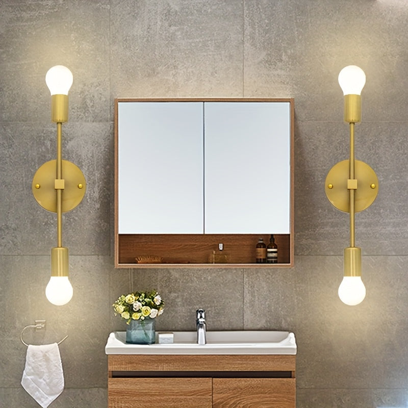 2 piezas, luz de pared clásica de doble cabeza, dorado mate, material de hierro, instalación horizontal/vertical, adecuada para baño, tocador, cabecera de cama, cocina, sala de estar, balcón, espacio interior, base E27, bombilla no incluida.