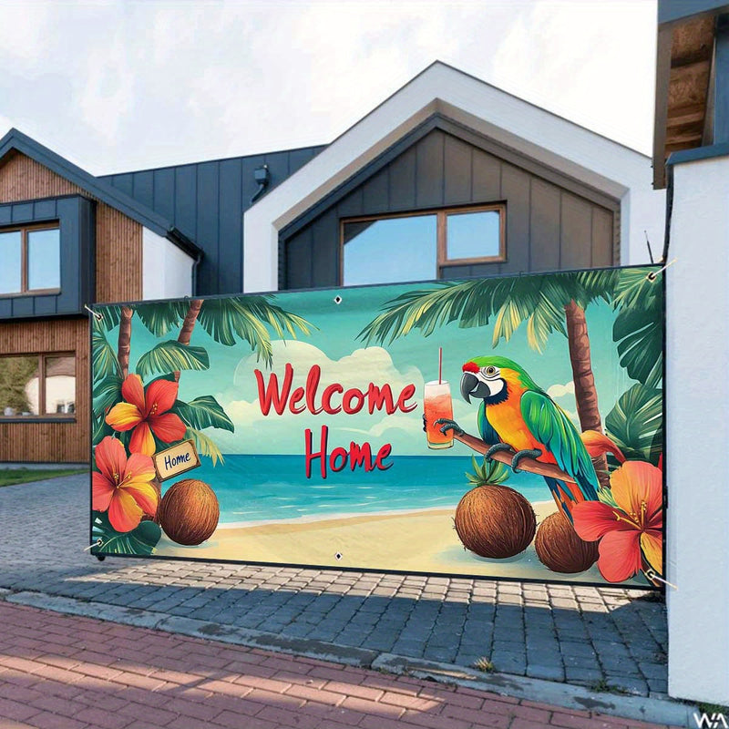 1 pieza, letrero de puerta de garaje de pavo tropical de playa, gran decoración al aire libre con letrero "Bienvenidos a casa", palmeras y diseño floral vibrante, perfecto para Navidad, fiestas de vacaciones y fondos temáticos de playa, decoración temáti