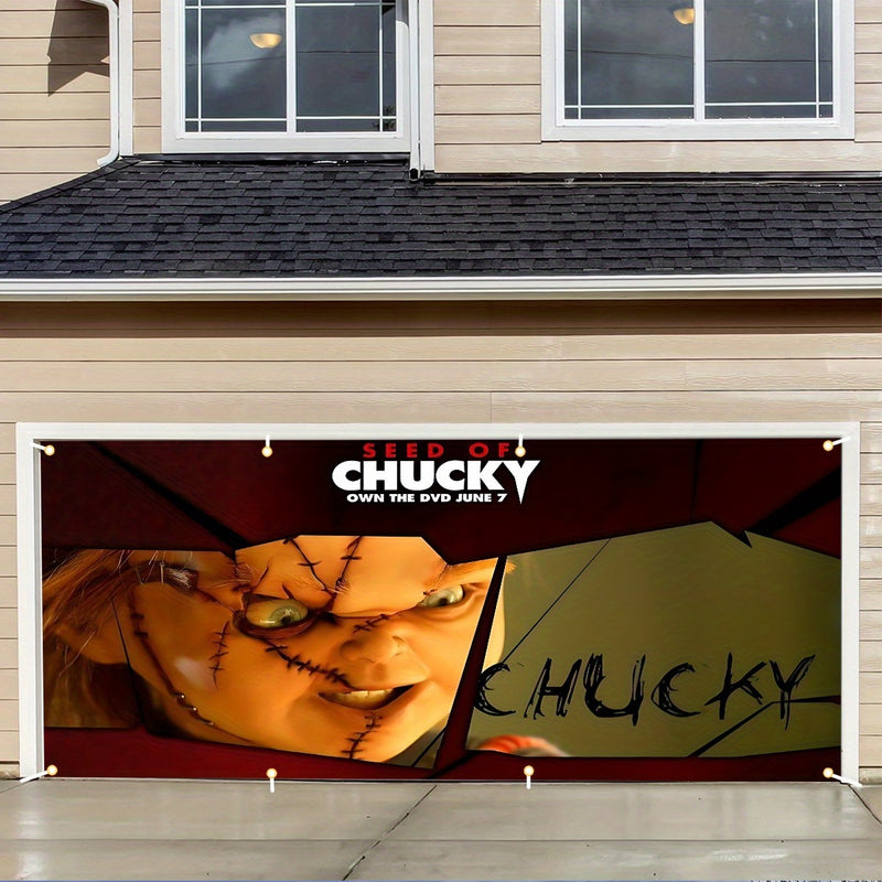 1 pieza - Cartel de puerta de garaje plano de personaje de película de terror clásica de otoño de Halloween 2D, con un patrón de espejo roto de Chucky para fiestas, adecuado para festivales, patio, paredes de fondo interior/exterior, decoración versátil