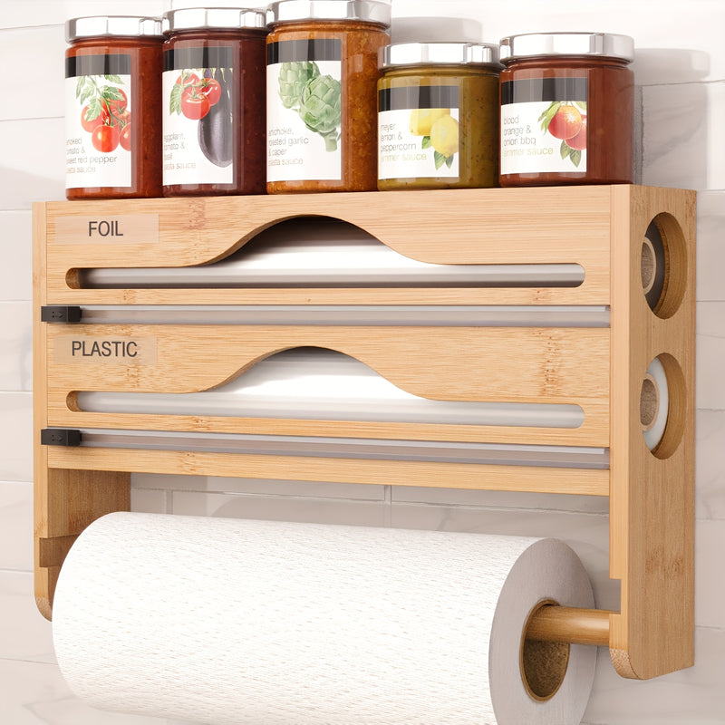 Organizador de cocina con cortador de papel film y soporte para papel - Solución de almacenamiento tres en uno: dispensador de papel encerado, rollos de papel encerado y aluminio - Ahorra espacio con portarrollo de plástico y dispensador de envoltura