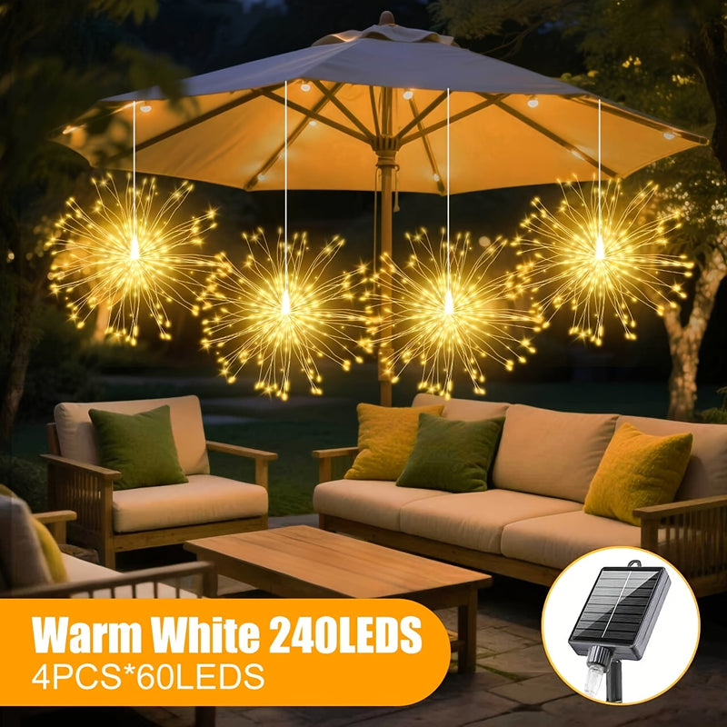 Pack de 4 Luces Solares Colgantes con 8 Modos Parpadeantes - Luces de Hadas a Energía Solar, Encendido/Apagado Automático, IP65 Alta Calidad para Jardín, Patio, Fiestas, Día de la Independencia, Chimenea - Decoración sin Cableado, Diseño Estelar, Ilumina