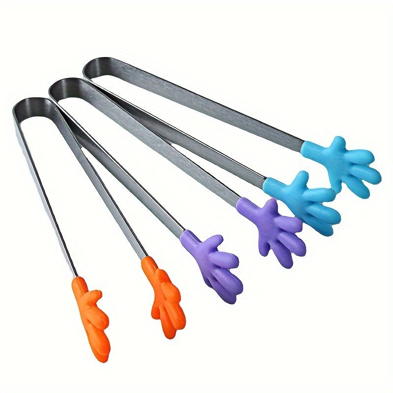 3 Piezas, Pinzas Para Alimentos De Acero Inoxidable Con Diseño Creativo De Palma De Silicona, Mini Pinzas Para Servir Para Ensalada, Hielo, Azúcar, Bocadillos, Antideslizantes, Aptas Para Niños, Multicolor
