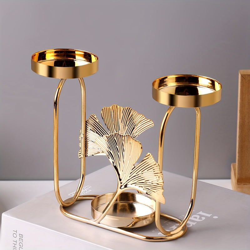 Soporte para velas de hierro artístico premium, 3 cabezas con diseño creativo de hoja de ginkgo, liviano, decorativo para cenas y fiestas, 1 unidad