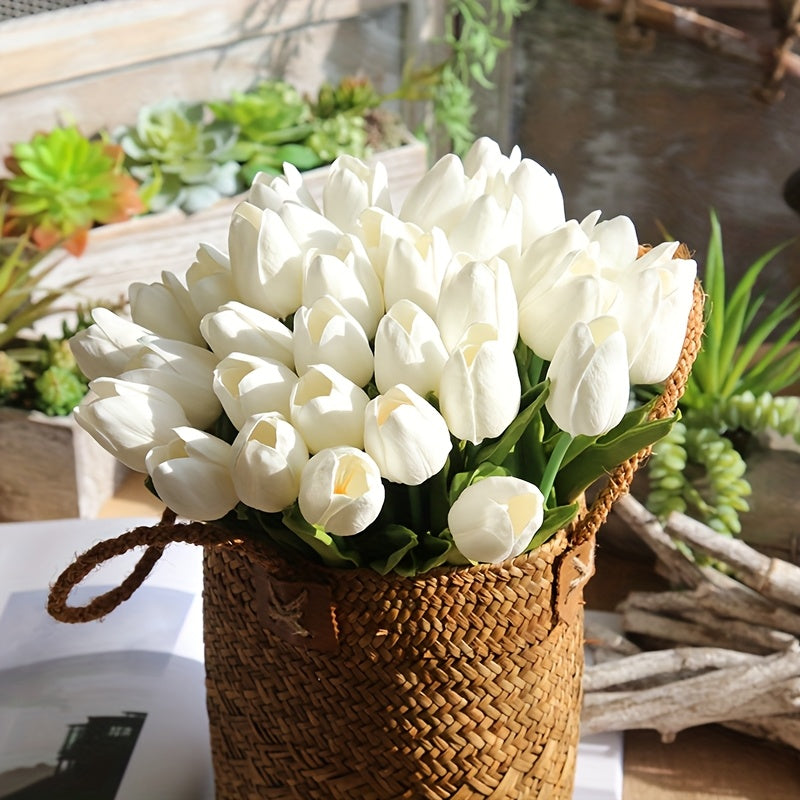 20 piezas de Tulipanes Artificiales Blancos Elegantes, con Hojas Verdes Luxuriantes, para Bodas, Compromisos, Decoración del Hogar