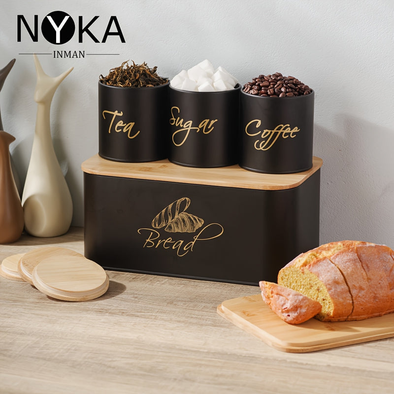 Juego de cuatro tarros para pan, azúcar y café con anillos selladores y tapas de bambú. Tapa de bambú utilizable como tabla de cortar y lavable - Ideal para Navidad/Pascua/picnics al aire libre