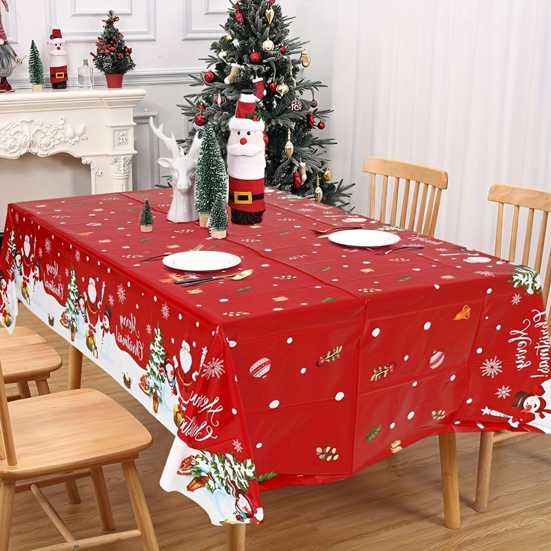 1pc Manta de plástico de Navidad con Santa y Hombre de Nieve - Cubierta de mesa desechable de patrón de dibujo animado rojo para decoración de fiesta de vacaciones, tejido no textil rectangular hecho a máquina, se ajusta a mesas de 219.96x129.79cm