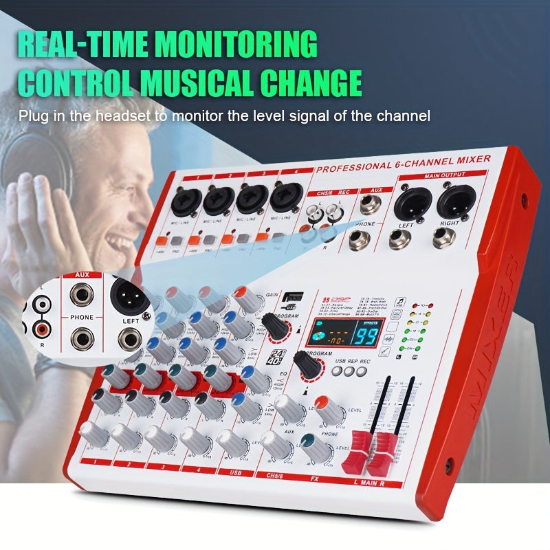 Mezclador de Audio Compacto Profesional NXG - Consola de Mezcla Pequeña Multifuncional con Reverb Digital, Ideal para Karaoke y Transmisión en Vivo, Disponible en Blanco/Rojo, Aleación, Fuente de Alimentación de 110V-130V, Enchufe de EE.UU., Mezclador de