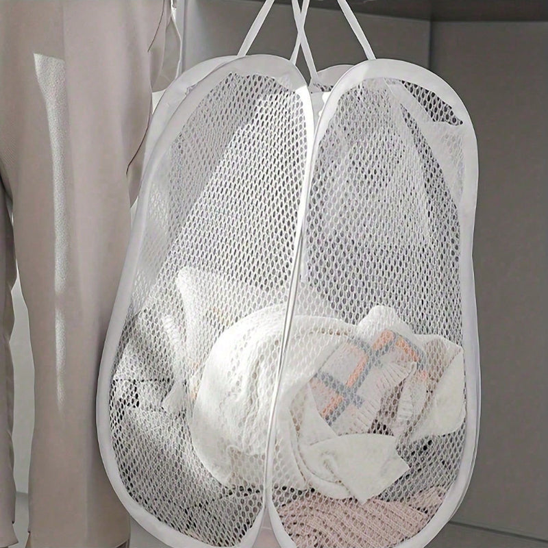 Cesta de ropa alargada contemporánea de malla de poliéster con asas – Cesto plegable de gran capacidad para almacenar ropa en sala, baño o dormitorio – Despliega fácilmente, múltiples componentes sin forro