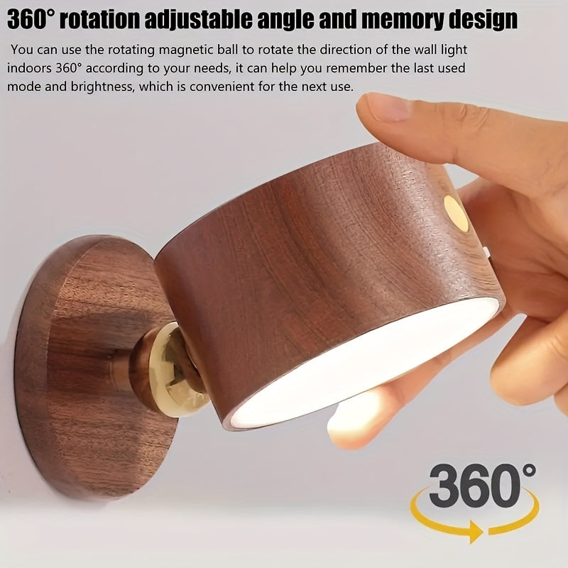 1pc Lámpara de Pared Moderna de Madera con Luz de Lectura LED - Regulable, Giratoria 360°, Control Táctil, Recargable por USB, Batería de 1500mAh, Detalles en Latón Pulido para Dormitorio & Sala de Estar, Lámpara para Dormitorio