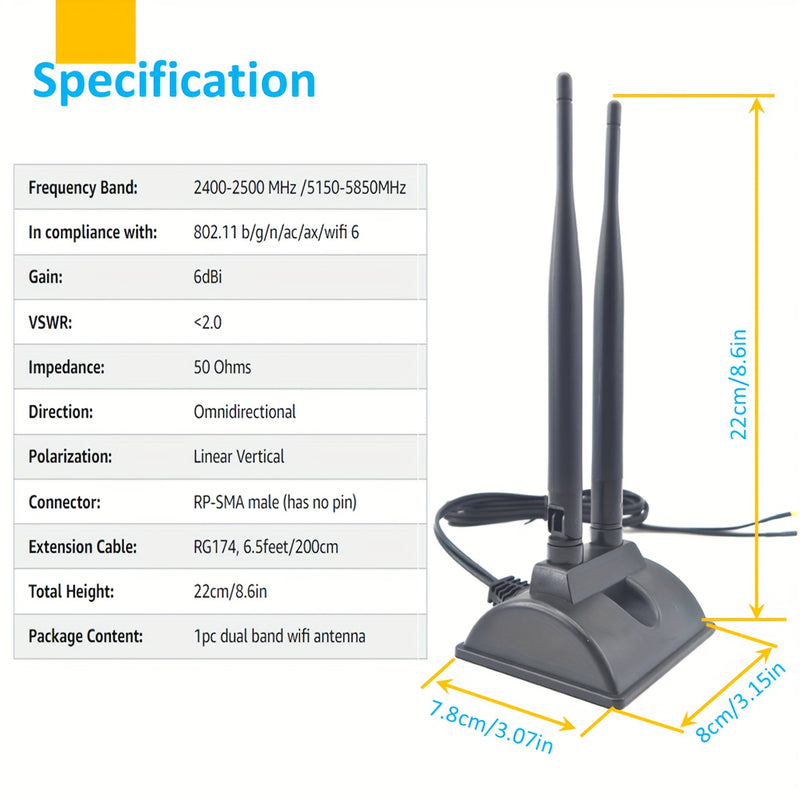 Antena de WiFi 6 6E de triple banda de 6dBi 2,4 GHz + 5 GHz con base magnética para router de WiFi 6 6E, computadora de escritorio con tarjeta WiFi 6E PCI-E y placa base para juegos de WiFi
