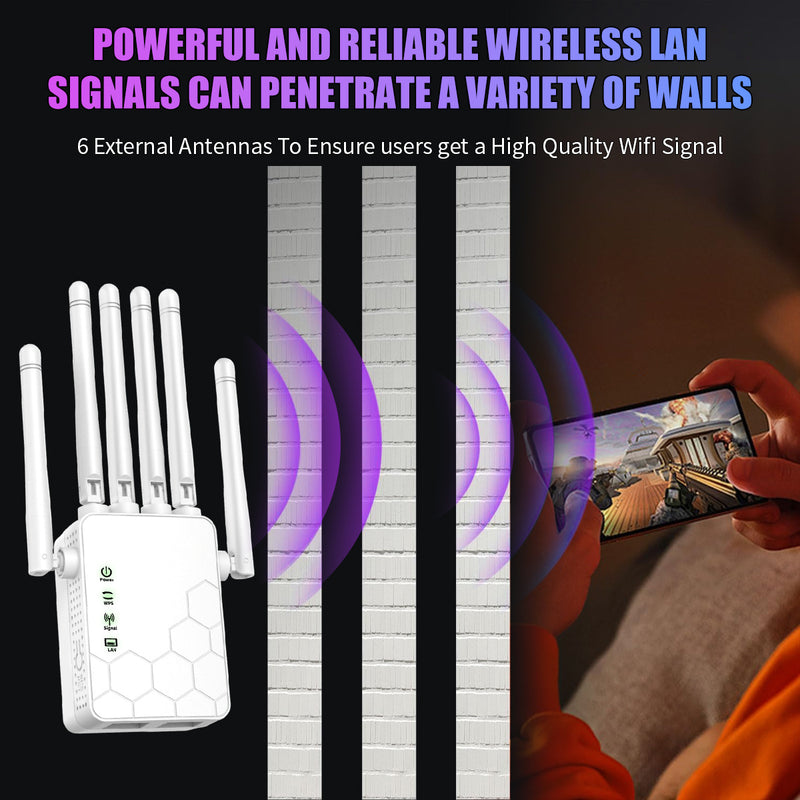 Amplificador de Señal WiFi con 6 Antenas - Banda Doble 2.4GHz/5GHz, Juego en Línea Fluido y 4K, Alta Penetración, Seguridad WPS, Enrutador/Punto de Acceso Dual, Conexión para Hogar Oficina Café (Enchufe US, 110-130V), Amplificador de Wifi de Alta Velocid