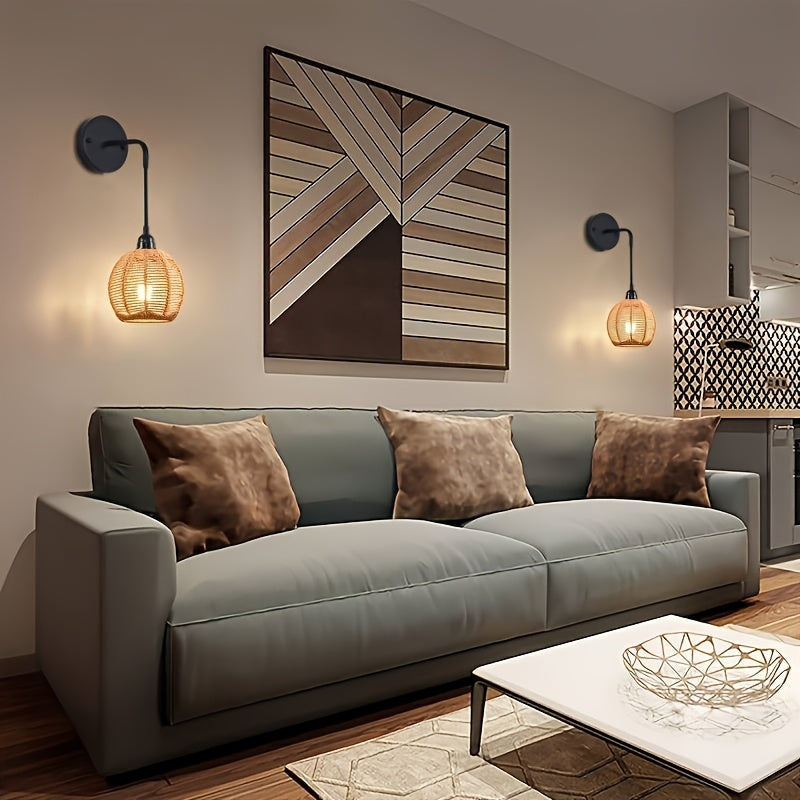 2 piezas de apliques de pared modernos estilo bohemio rústico con pantallas de ratán tejido a mano, montaje semiempotrado en metal pulido, luces desmontables para dormitorio, sala, pasillo (sin focos incluidos), iluminación de pared para dormitorio | Apl