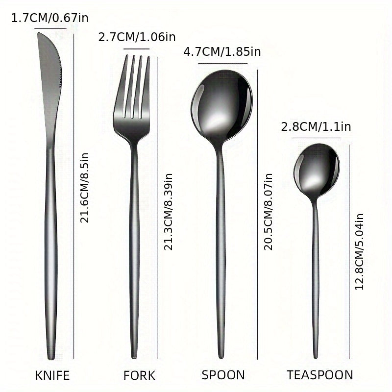 Juego de Cubiertos Elegantes de Acero Inoxidable Negro de 16 Piezas - Incluye Cuchillos para Bistec, Tenedores de Cena, Cucharas para Sopa y Postre - Diseño Elegante para Uso Doméstico y en Restaurantes