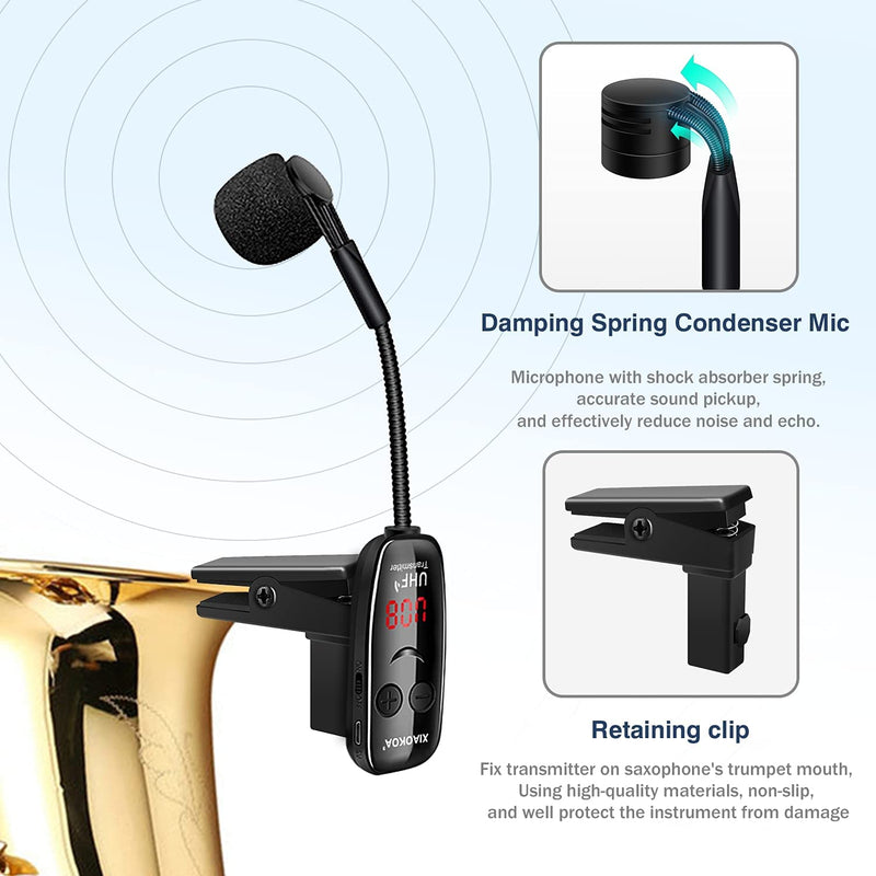 Micrófono Inalámbrico para Instrumentos, Sistema de Micrófono Inalámbrico UHF para Saxofón, Trompetas, Clarinete, Violonchelo - Receptor y Transmisor