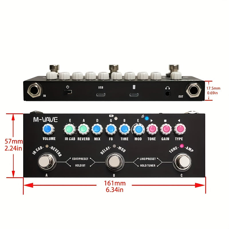 Pedal M-VAVE CUBE-BABY Guitarra Multi-Efectos - Pedalboard Compacto con Simulador de Amplificador Integrado y Gabinetes, sin varillas 5.0, Efectos Delay/Reverb/Distortion/Overdrive, Batería de Polímero de Litio, USB/Alimentación por USB - Ideal para Uso
