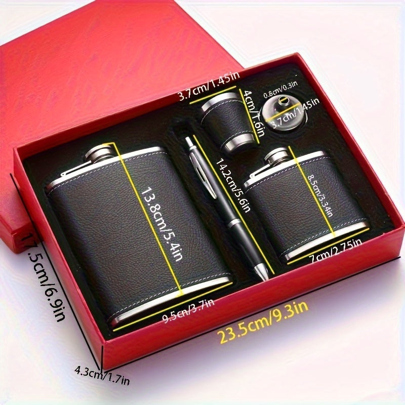 1 Juego de 8oz/1pc 30Z/1pc 80Z Frasco de Cuero Negro 8oz 18/8 acero inoxidable envuelto en cuero suave al tacto Set de Regalo 2 tazas y chimenea 100% a prueba de fugas para whisky, ron y vodka para hombres y mujeres