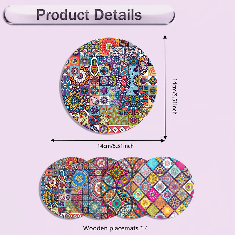 Juego de 4 Manteles Individuales de Madera con Mandala - Duraderos, Resistentes al Calor, Antideslizantes y Fáciles de Limpiar - Perfectos para el Hogar, la Oficina, Fiestas y Festivales