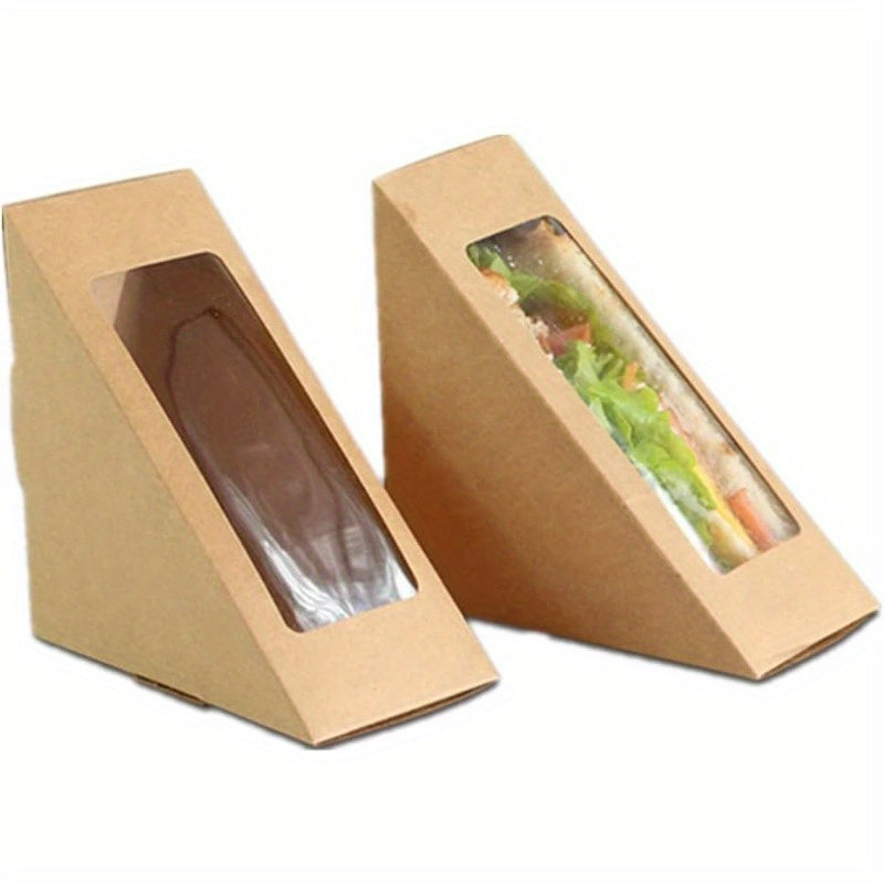 50 Cajas de papel marrón para sándwiches con ventana, pequeños recipientes triangulares para alimentos, sin BPA, aptos para contacto con alimentos, soportes desechables para cupcakes en forma de cuña.