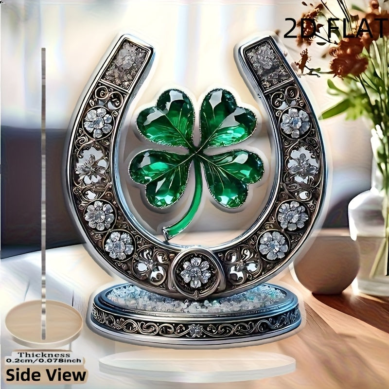 Adorno de Herradura y Trébol de Cuatro Hojas en Estilo Acrílico Cristal Plano 2D, Impresión Plana 2D, Decoración para Mesa, Decoración Hogareña Multipropósito, Sin Pilas, Ideal para San Valentín y Regalos Festivos (19.99/16.13 cm)