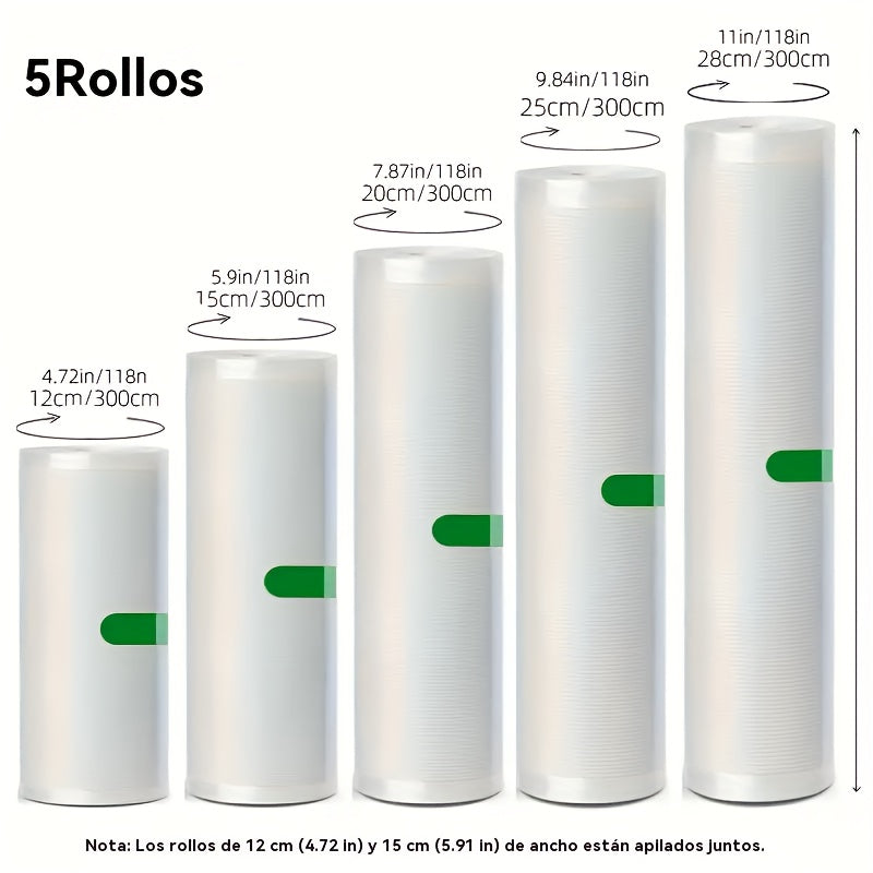 Juego de 5 Rollos Selladores al Vacío Libres de BPA, Bolsas Texturizadas Duraderas y Resistentes a Perforaciones, Ancho Variado (Diversos Anchos) y 3 Metros Cada Uno, Perfecto para la Conservación de Alimentos, Sous Vide y Almacenamiento en Gran Volume,