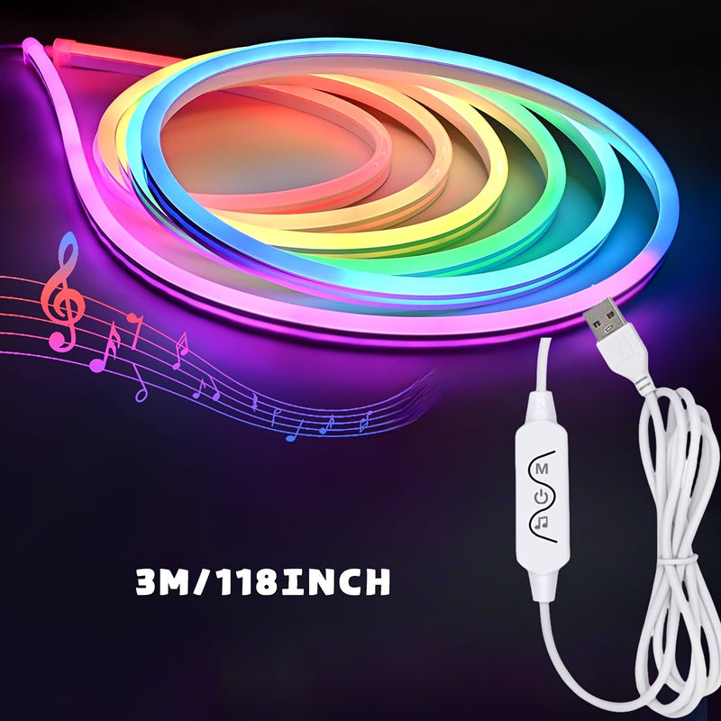 Luces de neón alimentadas por USB, controlado con botones, tira de luz RGB, personalizable, modo musical que cambia según el ritmo, ideal para fiestas o relajación