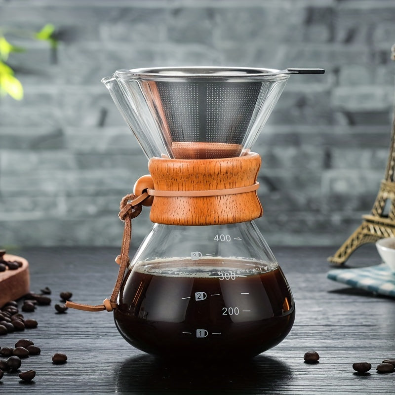 Cafetera de goteo de vidrio borosilicato, Kettle resistente a altas temperaturas de 400ml con asa de madera, diseño estampado para barista en casa