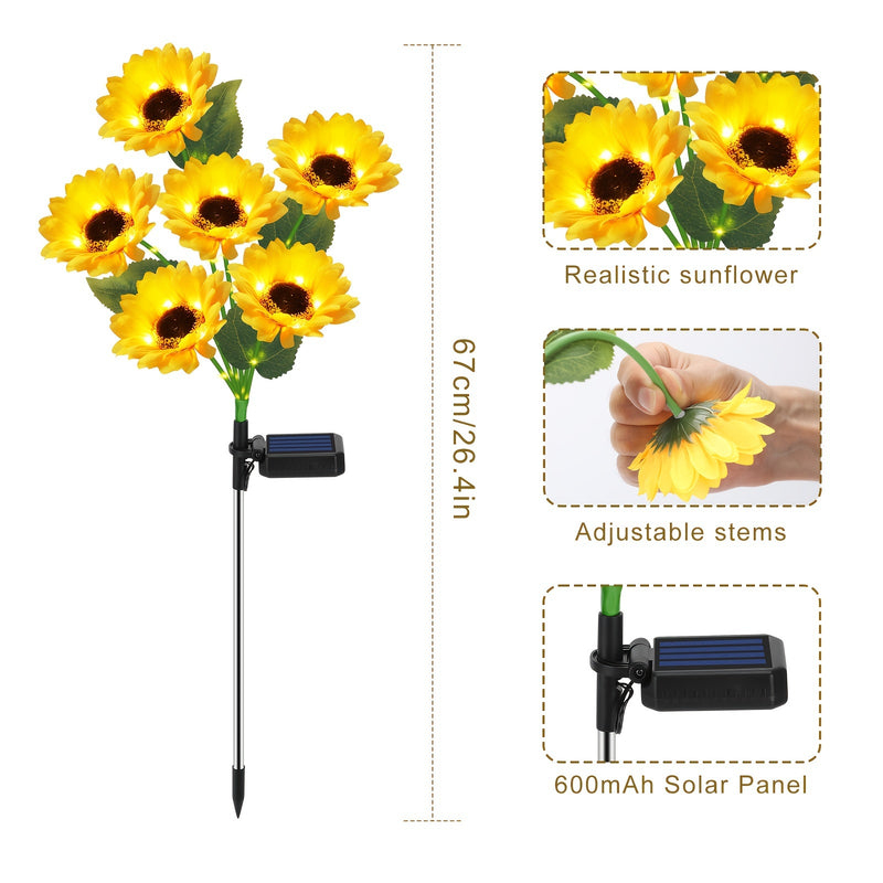 Luces solares decorativas de girasol para exteriores, 6 luces de girasol con poste luminoso, luces solares automáticas para jardín, encendido/apagado automático, regalo ideal para mamá y amigos, decoración para jardín y césped