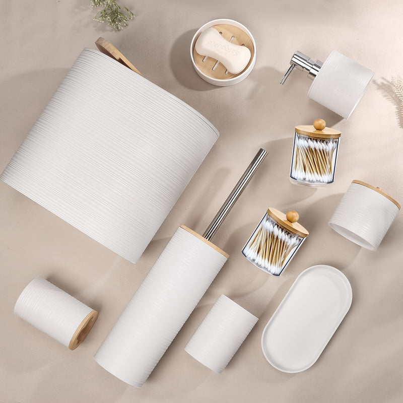 Juego de accesorios para baño de bambú, 8 piezas, con dispensador de jabón, portacepillos, vaso para cepillo de dientes, jabonera y frasco para hisopos, ideal para baño, sala, cocina o como regalo de casa nueva para familia y amigos