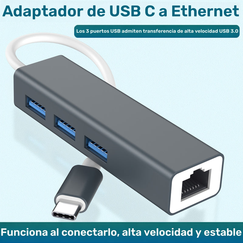 Adaptador USB C a Ethernet con concentrador USB 3.0 de 3 puertos, adaptador de red LAN Gigabit Ethernet RJ45 a USB-C/Thunderbolt 3 4 en 1, construcción de aleación de aluminio, compatible con MacBook Pro/Air, iPad Pro, Chromebook, XPS, Surface - Plug & P