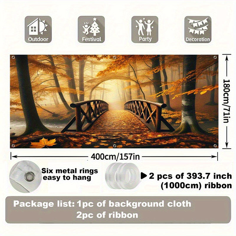 1pc Pancarta Extra Grande Puente del Bosque de Otoño - Decoración Dorada con Hojas, Fondo para Fiesta (398.78x180.34 cm) - Cubierta Lavable y Reutilizable para Garaje en Poliéster, Decoraciones para Cumpleaños/Gracias/Halloween - Banderín Colgante sin Ne