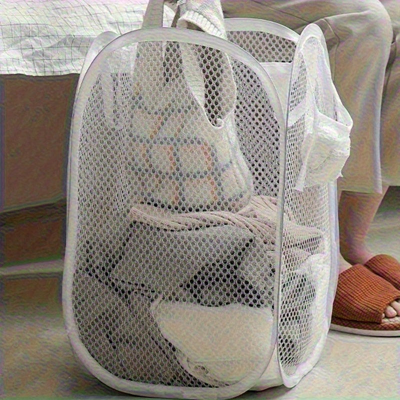 Cesta de ropa alargada contemporánea de malla de poliéster con asas – Cesto plegable de gran capacidad para almacenar ropa en sala, baño o dormitorio – Despliega fácilmente, múltiples componentes sin forro