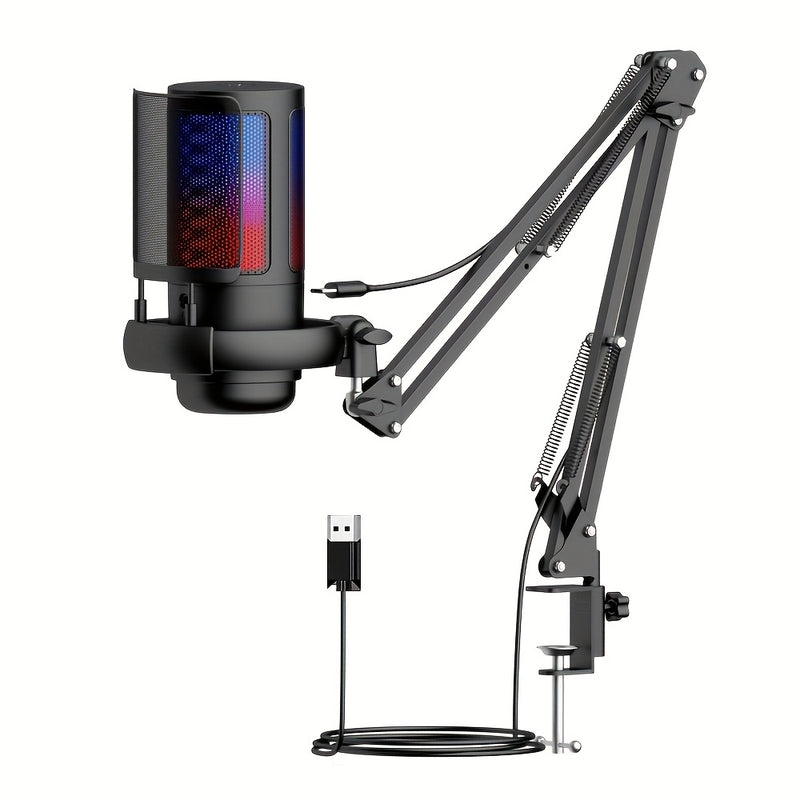 Soporte de micrófono Gaming Boom, micrófono de condensador de escritorio USB con kit de soporte, Plug And Play, silencio/tacto de monitoreo, control de ganancia, luces RGB, toque, silencio, monitoreo instantáneo, control de voz de juego, adecuado para PC