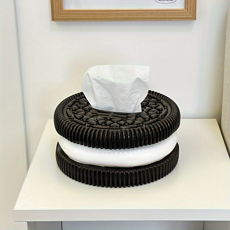 1 pieza de elegante caja de pañuelos redonda de resina negra y blanca - Acabado pulido y decorativo para almacenamiento en sala de estar, dormitorio o baño | Ideal para decoración moderna del hogar