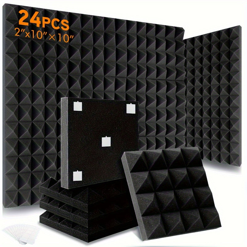 12/24pcs Paneles de Espuma Acústica Piramidal OLOBLB - 25.4x25.4x5.08 cm, Espuma Absorbente de Sonido para Estudio en Gris/Blanco/Negro con Cinta de Montaje Incluida - Ideal para Oficina en Casa, Estudios de Grabación y Decoración de Techos