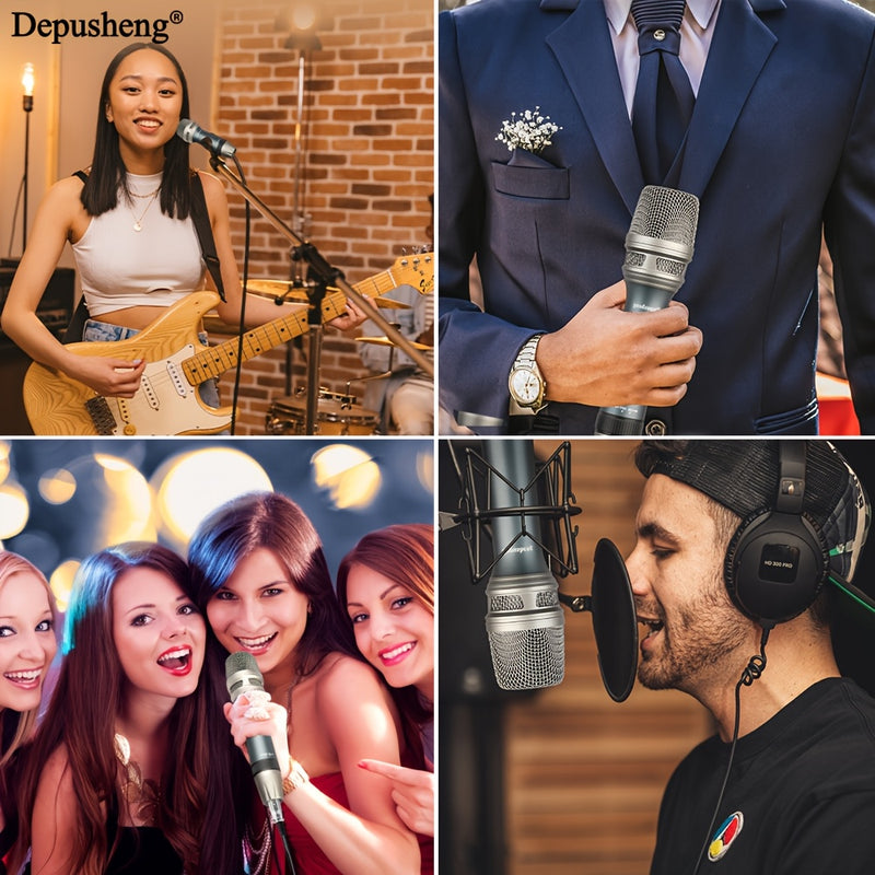Microfono Voz Dinámico Depusheng C90, Profesional de Mano Unidireccional con Bobina Móvil y Función Silenciosa, Conector de 6.35mm, Azul, para Karaoke, Juegos, Transmisión en Vivo, Grabación y Videollamadas, Diseño Elegante del Micrófono | Construcción R