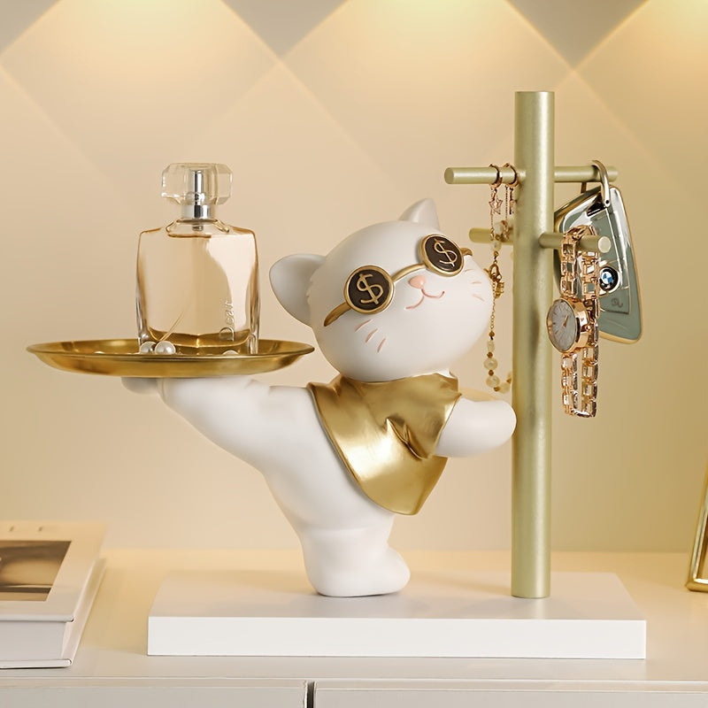 1 pieza, Figurita de gato de la suerte de resina con bandeja dorada, soporte para llaves y joyas, organizador de almacenamiento decorativo para accesorios, acento de decoración del hogar, idea de regalo perfecta, soporte de exhibición multiusos