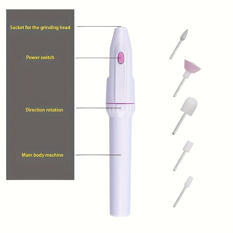 Juego Profesional de Taladro para Uñas 5 en 1 con 5 Cabezales de Molienda, Kit de Manicura para Uñas Suaves y Brillantes
