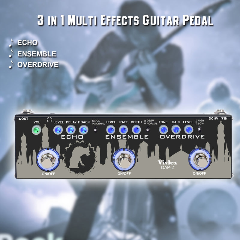 Pedal de Guitarra Multi Efectos, con Eco y Overdrive 3 en 1 Serie Digital Mingle para Guitarras Eléctricas