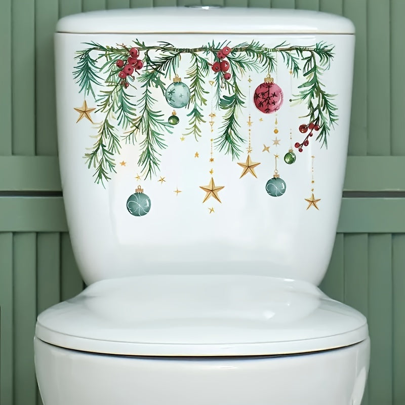 Pegatina de tapa de inodoro festiva de Navidad con guirnalda de pino, bayas y bolitas, decoración de plástico autoadhesiva para superficies cerámicas con características ornamentales - Aplicación de baño de adhesivo de un solo uso