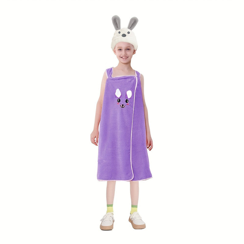 Lindo conjunto de falda de baño de oído de conejo de dibujos animados, incluyendo 1 gorra de pelo seco y 1 falda de baño, toalla de baño de niños de secado rápido suave, adecuada para niños con una altura de 80-120 cm