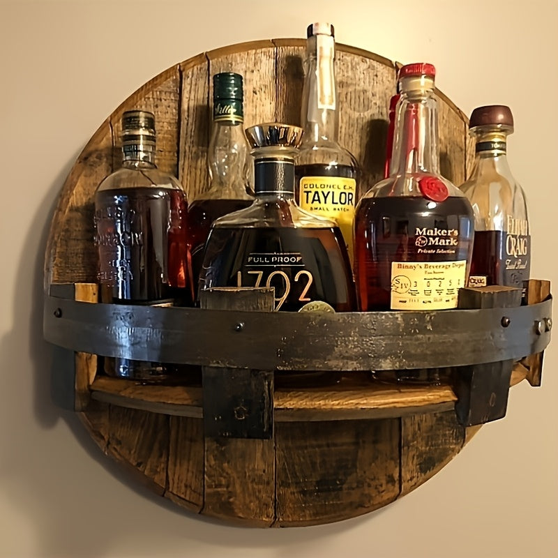 1pc Estante de Bar Clásico con Forma de Barril para Montar en la Pared - Almacenamiento Rústico de Madera Reciclada Multicompartimento para Botellas de Vino y Cristalería, Organizador de Bar Ahorrador de Espacio, Decoración de Estilo Granja para Sala de