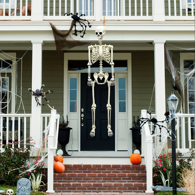 Esqueleto de tamaño real para Halloween con sombrero de bruja, esqueleto articulado de cuerpo completo de 164,59 cm para decoración, adorno de esqueleto articulado de pie de plástico para interiores y exteriores en fiestas de casa embrujada, jardín, no r