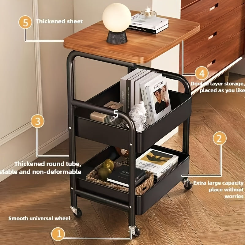 Carrito de almacenamiento rodante de 3 niveles con parte superior de madera y ruedas - Organizador versátil para snacks, libros y más - Ideal para uso en casa o en la oficina, carrito de almacenamiento de oficina | Carrito de almacenamiento moderno | Est
