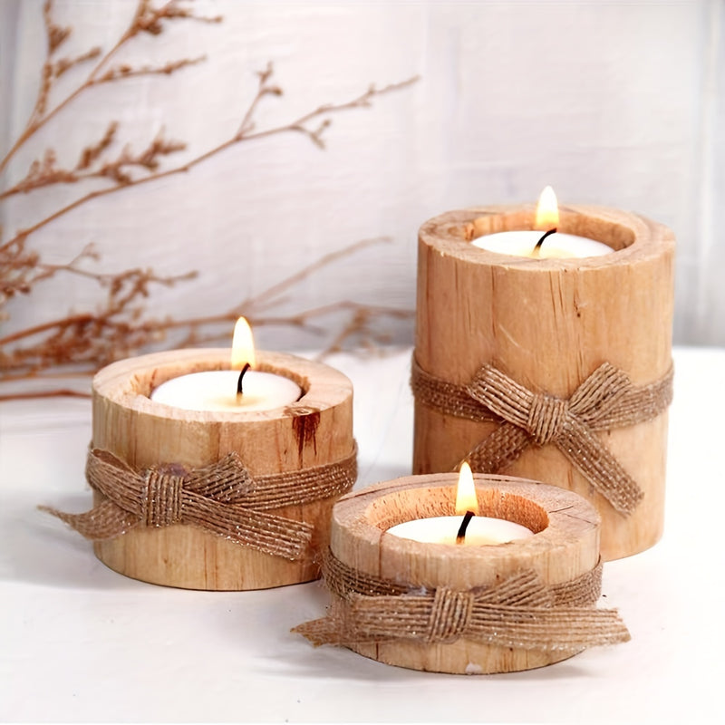 Juego de 3 Portavelas de Madera Pulida Hechos a Mano - Velas de Madera Rústica para Decoración de Fiestas y Cenas a la Luz de Velas en Casa