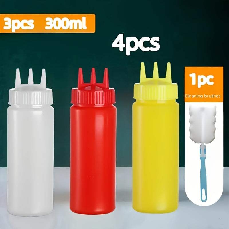 Juego de 4 botellas exprimidoras de condimentos con cepillo de limpieza - Plástico libre de BPA, redondas, fáciles de lavar a mano - Elementos esenciales de cocina para ensaladas, barbacoas, horneado, asados, picnic - 3 botellas dispensadoras con boquill