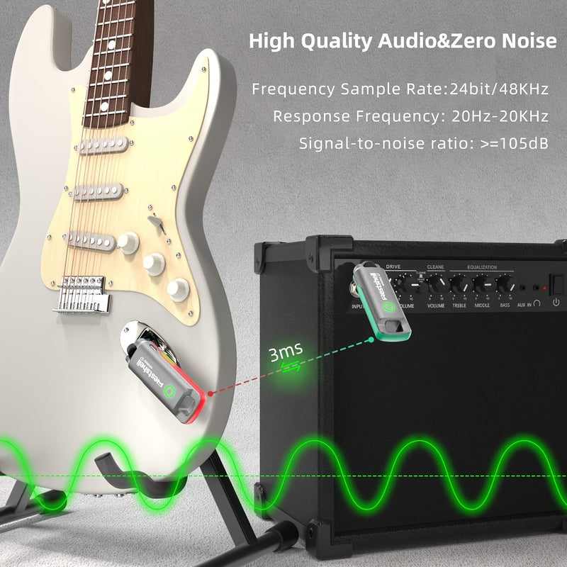 Sistema inalámbrico para guitarra WESTSHELL G7 con señal digital de doble banda, baja latencia y recargable por USB - Transmisor y receptor compactos en gris para guitarra eléctrica, bajo, instrumentos de viento, transmisor de señal para guitarra | Acces