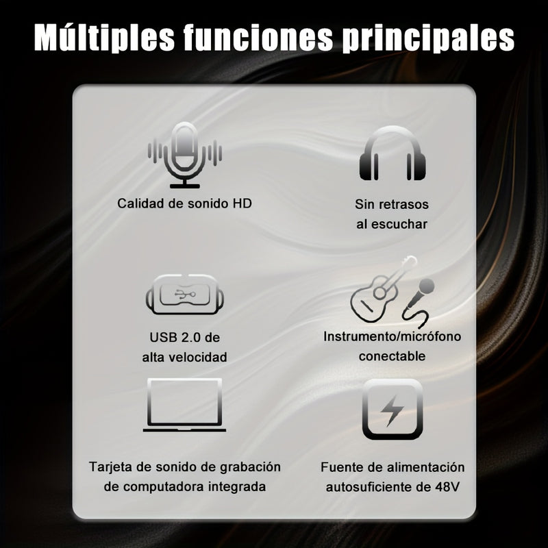 Interfaz de audio de 2 canales con tarjeta de sonido con pantalla, mezclador de estudio de grabación profesional para guitarra eléctrica, grabación in situ, 24 bits/196 kHz para grabación de música, interfaz XLR con alimentación fantasma de 48, caja de a