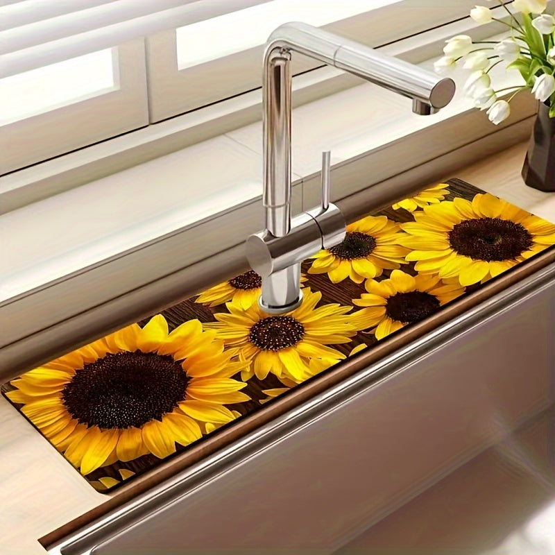 Tapete de fregadero de cocina de secado rápido con estampado de girasol - Poliéster duradero, diseño floral amarillo y negro, ideal para baño, oficina y decoración del hogar, tapete de baño | Tapete decorativo de fregadero | Tapete de poliéster